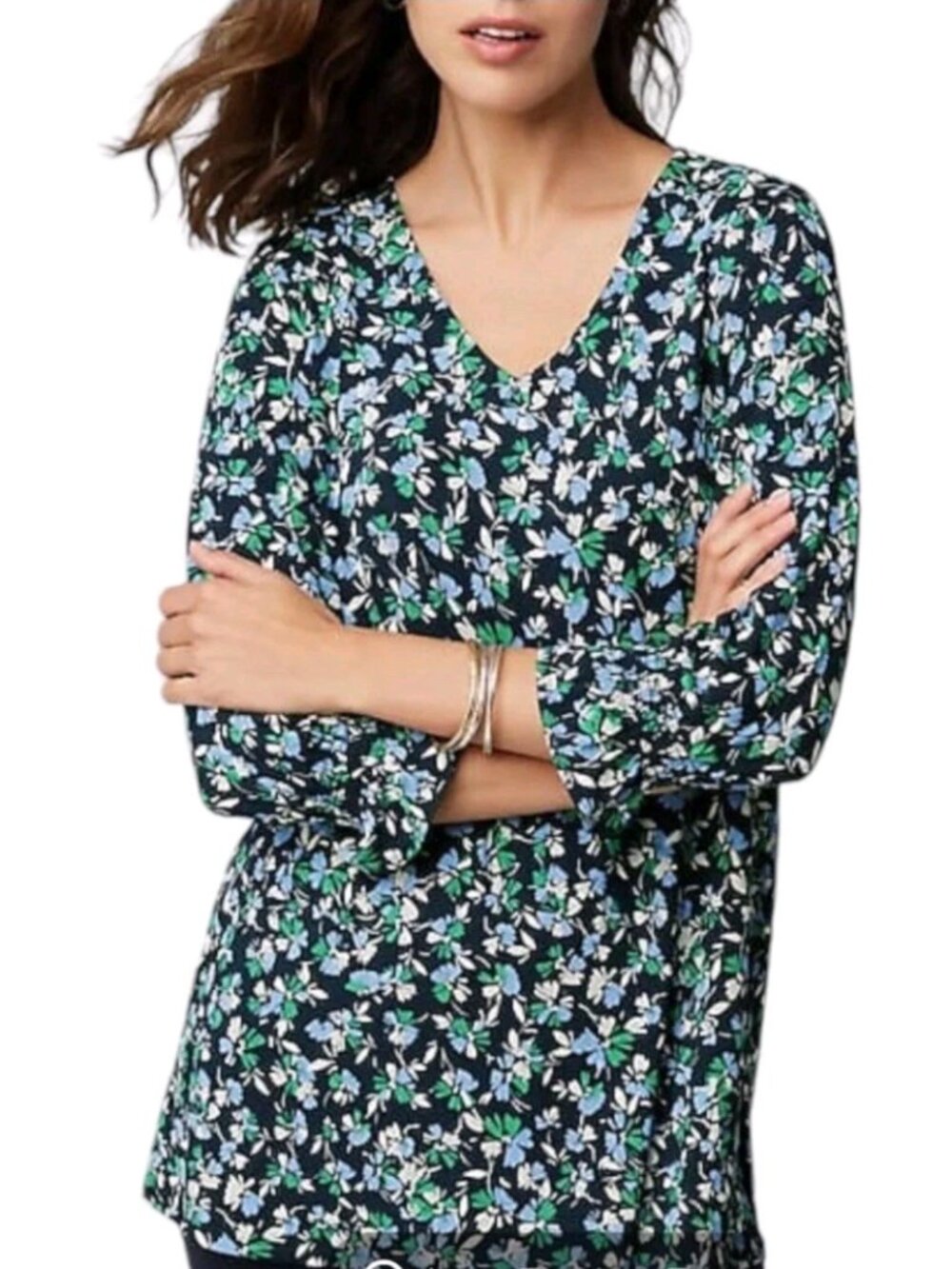 ⭐ J. Jill Wearever Collection Blue / Green / White Floral Blouse Large